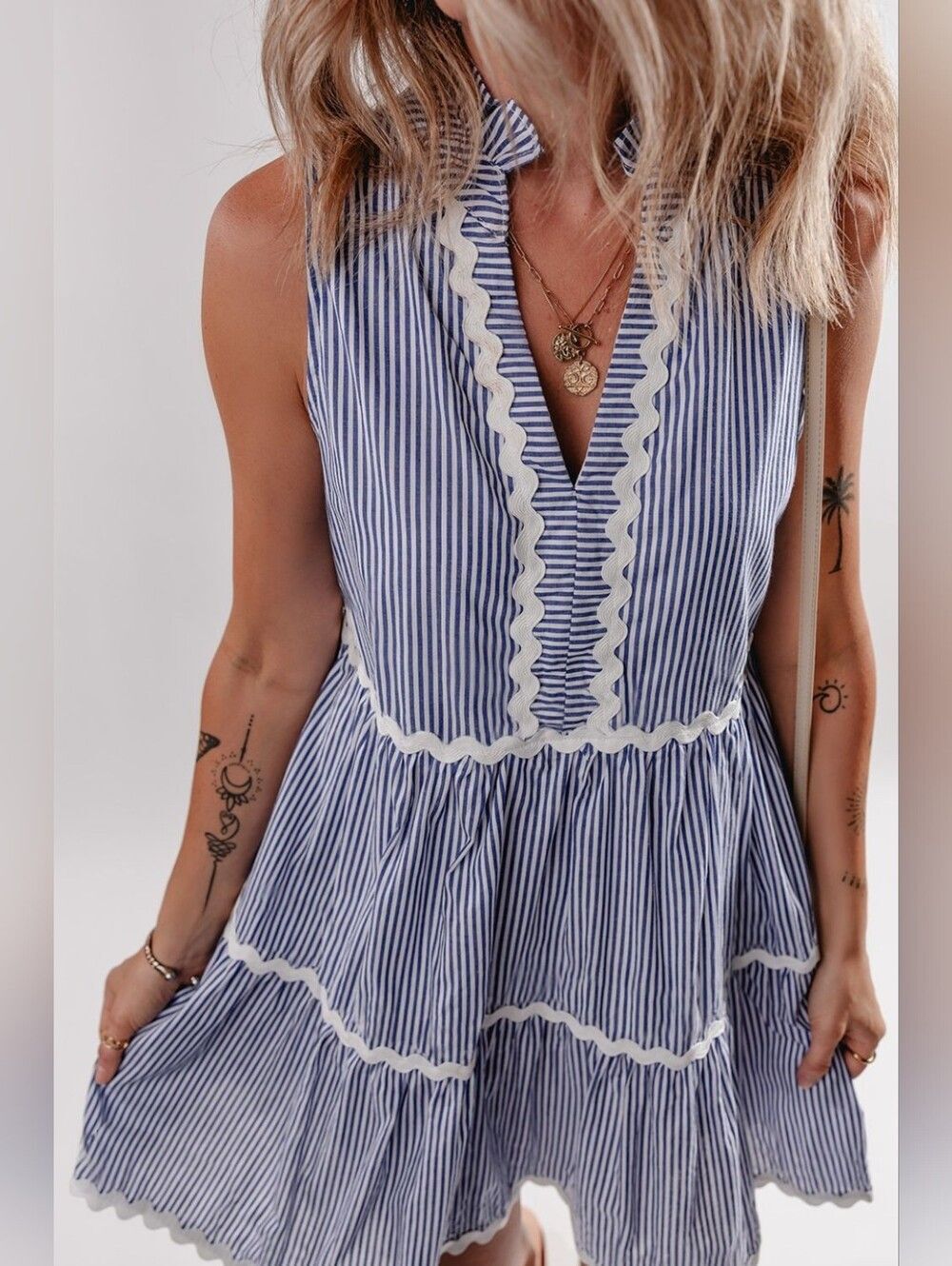 Fun Casual Summer Blue and White Stripe Sleeveless Tiered Country Dress - Picture 3 of 15